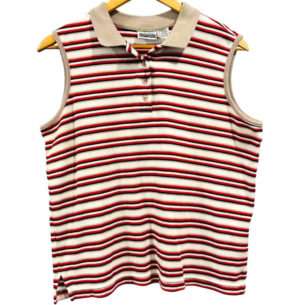 VTG 90s Striped Sleeveless Polo Knit Tank Top Red White Basic Editions K-Mart, M